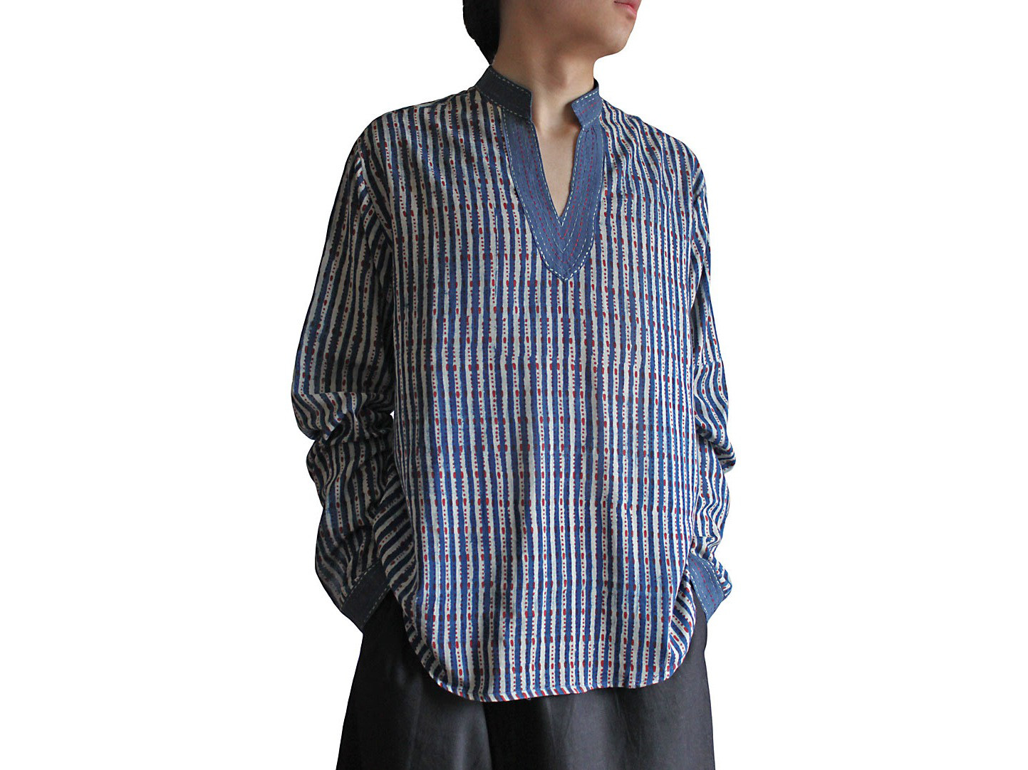 インド綿ボイルステッチ入りクルタープルオーバー（BGN-031-01）