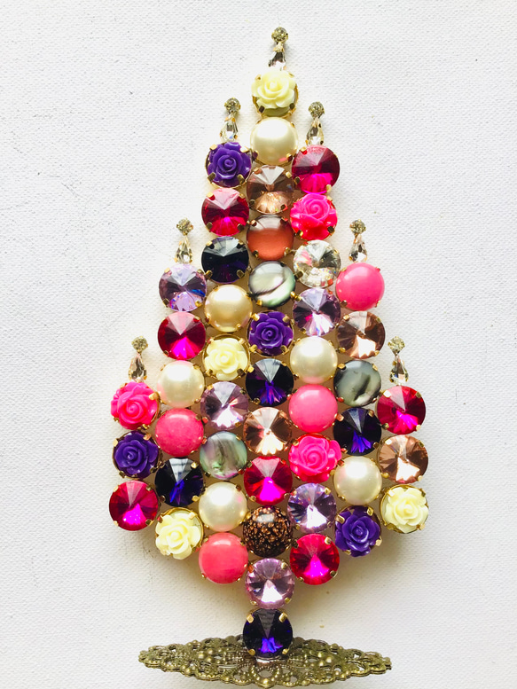 ビンテージ/チェコガラス/ガラスツリー/ピンク×グリーン/卓上ツリー/ドレープ ビンテージ/チェコガラス/ガラスツリー/ピンク×グリーン/卓上