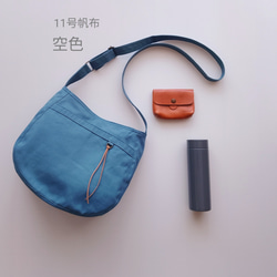 11号帆布 Sサイズのショルダー(空色)　 両側外ポケット肩ひも調節サコッシュ 2枚目の画像