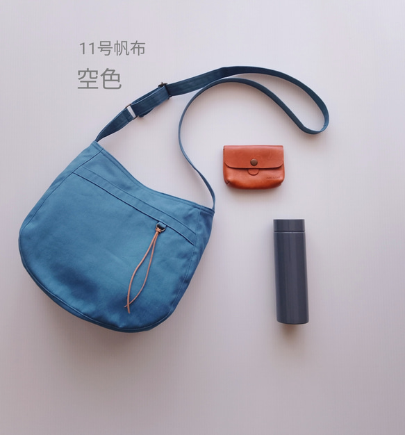 11号帆布 Sサイズのショルダー(空色)　 両側外ポケット肩ひも調節サコッシュ 2枚目の画像