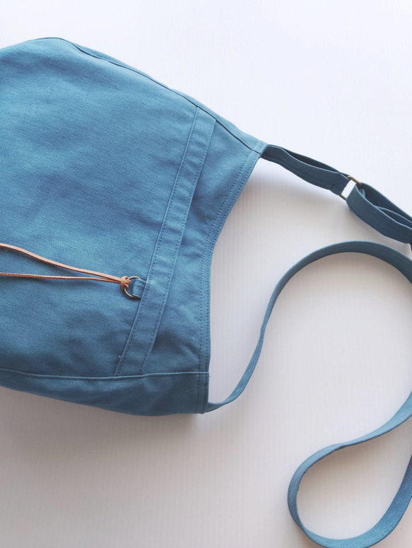 11号帆布 Sサイズのショルダー(空色)　 両側外ポケット肩ひも調節サコッシュ 7枚目の画像