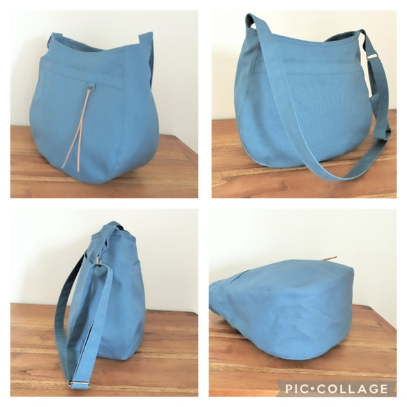 11号帆布 Sサイズのショルダー(空色)　 両側外ポケット肩ひも調節サコッシュ 4枚目の画像