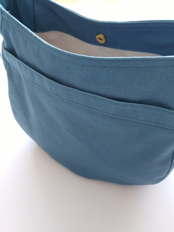 11号帆布 Sサイズのショルダー(空色)　 両側外ポケット肩ひも調節サコッシュ 6枚目の画像