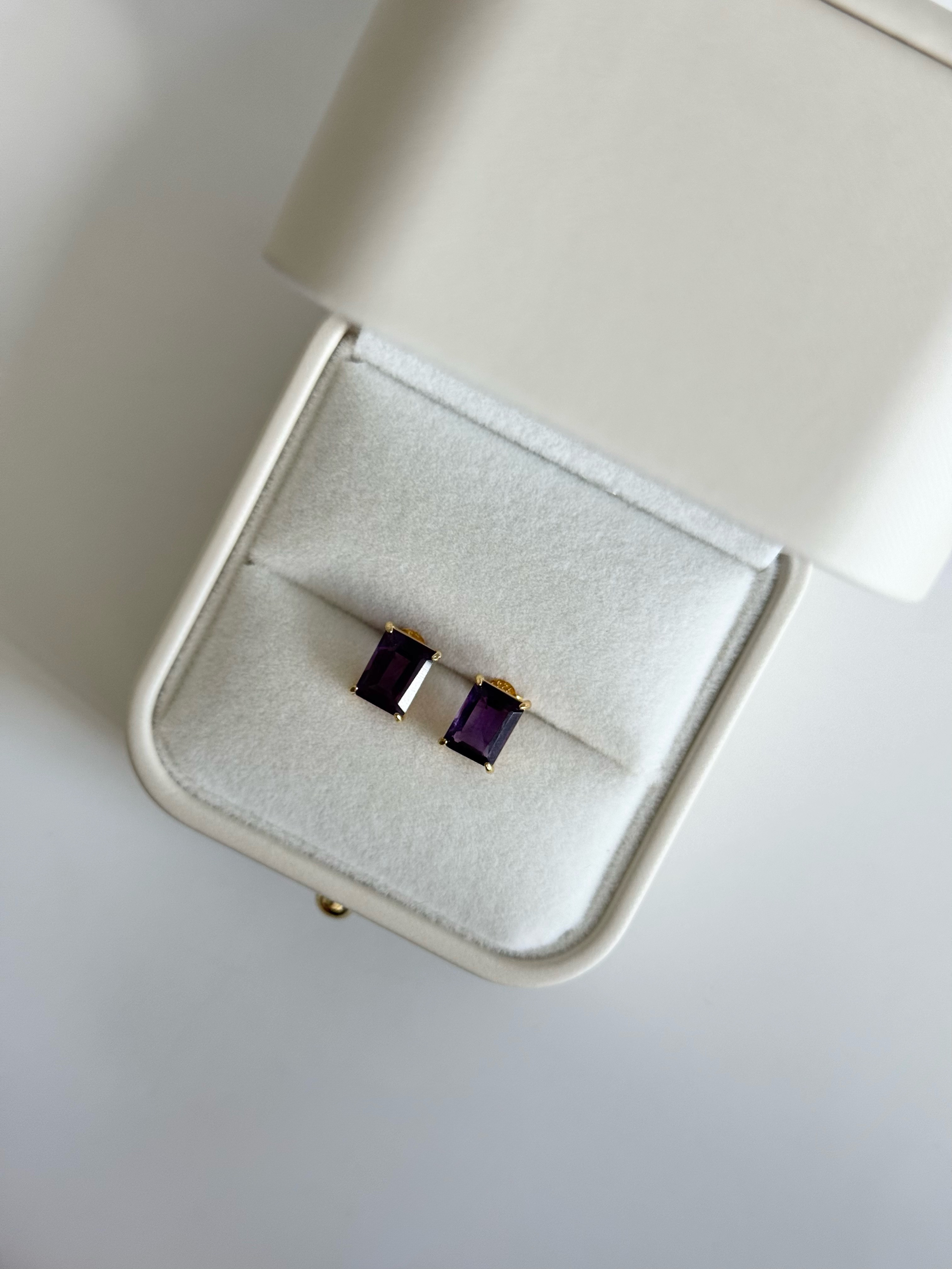 アメジストのレクタングルファセットカットピアス/Silver925 K18GP