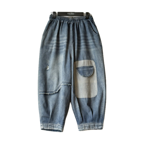 SALE パッチワーク ダメージ加工 デニムパンツ レディース