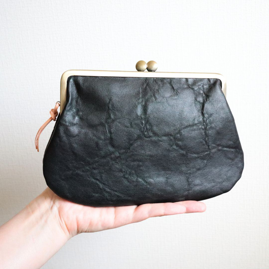 本革がま口ポーチ大＊ブラック＊
