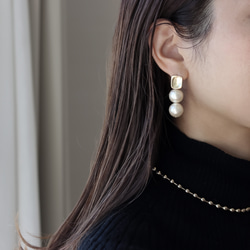 【outlet No.1】スクエアgold コットンパール イヤリング/ピアス（アレルギー対応） 15枚目の画像