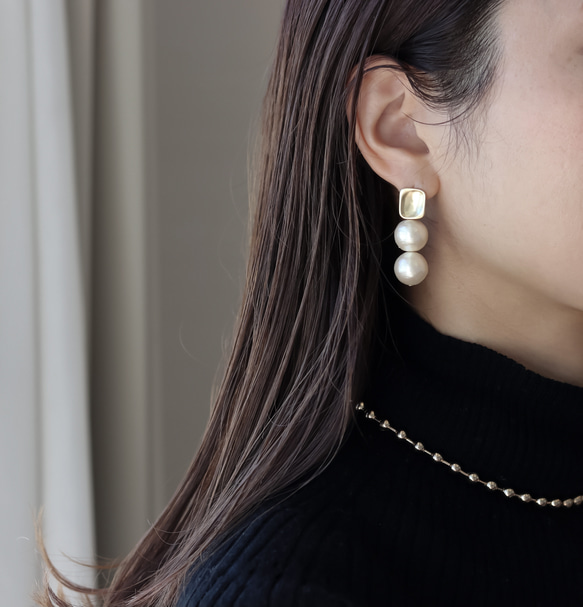 【outlet No.1】スクエアgold コットンパール イヤリング/ピアス（アレルギー対応） 15枚目の画像