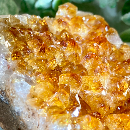 非加熱 天然無処理 シトリン 黄水晶 クラスター 原石 虹 シトリンのクラスターに黄色い硫黄がお花畑のように散らばった 力強く