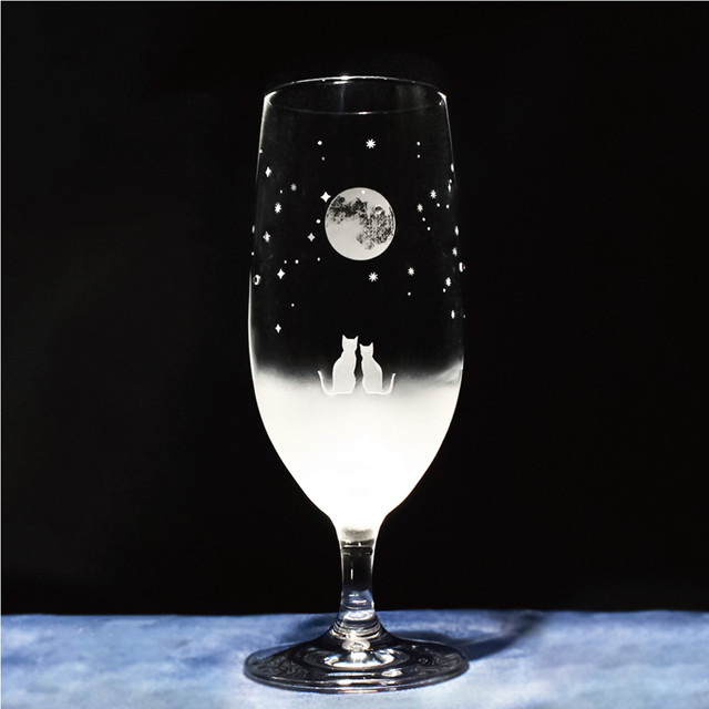 《送料無料》【一緒に見る満月の夜空 / ピルスナー】 360ml 猫モチーフのグラス　★名入れ加工対応品（有料）