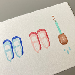 【数量限定】タワシと上履き（ポストカード）手漉き和紙　版画 2枚目の画像
