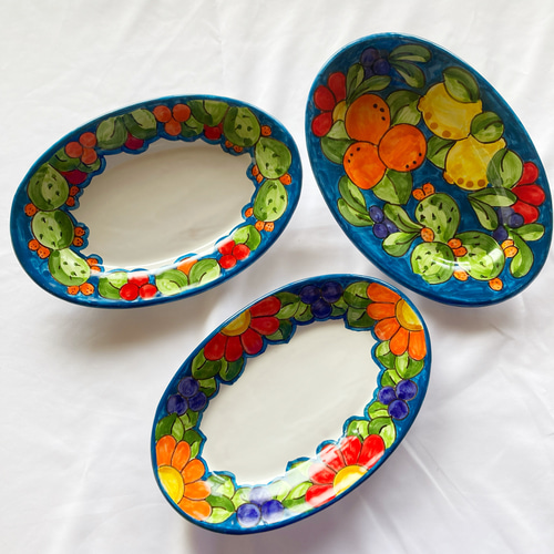 オーバル皿 26cm 花とフルーツ マヨリカ焼き イタリア陶器