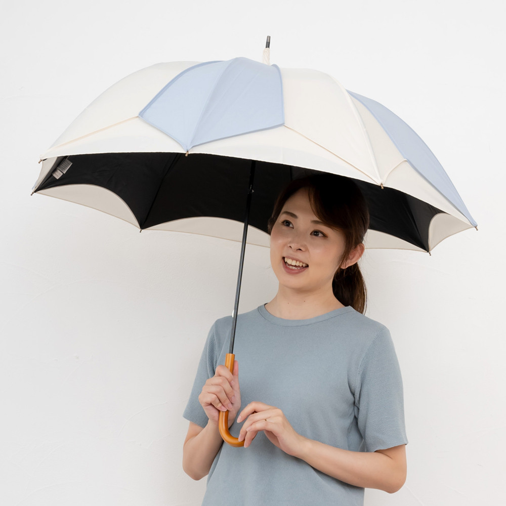 晴雨兼用傘 完全遮光 【逃熱日傘】推しカラー トリコパイピングかわず張り長日傘　スカイブルー×ホワイト