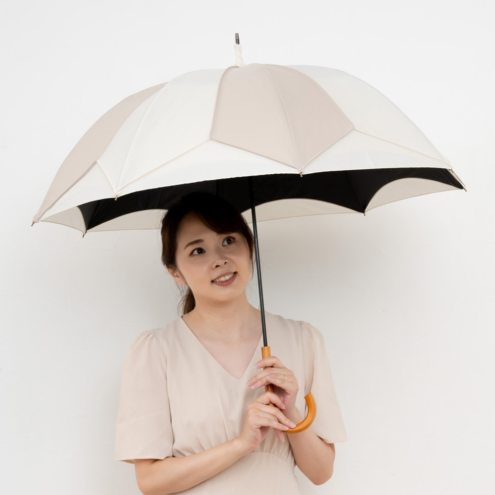 晴雨兼用傘 完全遮光 【逃熱日傘】推しカラー トリコパイピングかわず張り長日傘　モカ×ホワイト