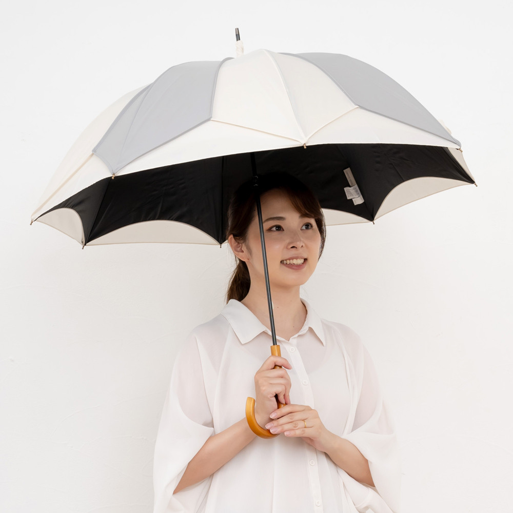 晴雨兼用傘 完全遮光 【逃熱日傘】推しカラー トリコパイピングかわず張り長日傘　ライトグレー×ホワイト