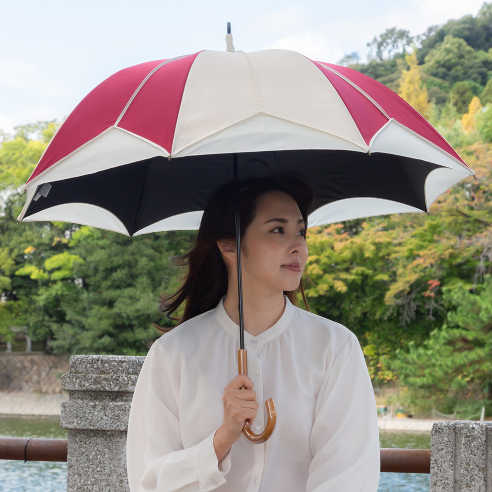 晴雨兼用傘 完全遮光 【逃熱日傘】推しカラー トリコパイピングかわず張り長日傘　レッド×ベージュ
