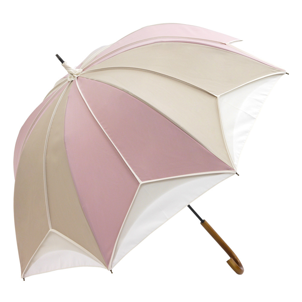 晴雨兼用傘 完全遮光 【逃熱日傘】推しカラー トリコパイピングかわず張り長日傘　ライトピンク×モカ