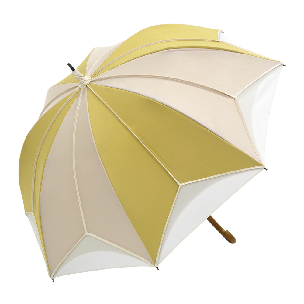 晴雨兼用傘 完全遮光 【逃熱日傘】推しカラー トリコパイピングかわず張り長日傘　イエロー×ベージュ