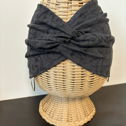 ダマスク柄 柔らか ジョーゼットニット超幅広 ターバン ヘアバンド 1枚目の画像