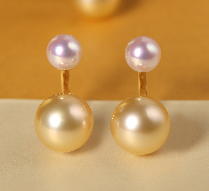 [ヘイズジュエリー] 18Kゴールドダブルパールイヤリング、6-10mm南洋ゴールドビーズとアコヤ天上グレード海水ラウンドパール