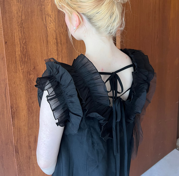 【新送0】フリルが絶妙❤️リボンで抜け感も◎ノースリーブ夏ワンピ【フリルノースリワンピ】 12枚目の画像