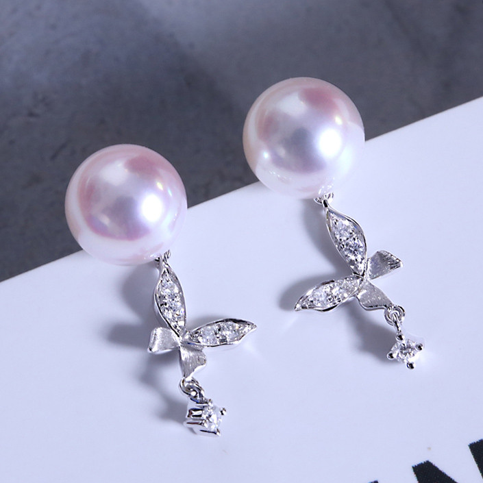 [ヘイズジュエリー] スマートバタフライイヤリング オーロラフェアリーグレード 7.5-8mm アコヤ天然海水ラウンドパールイヤ