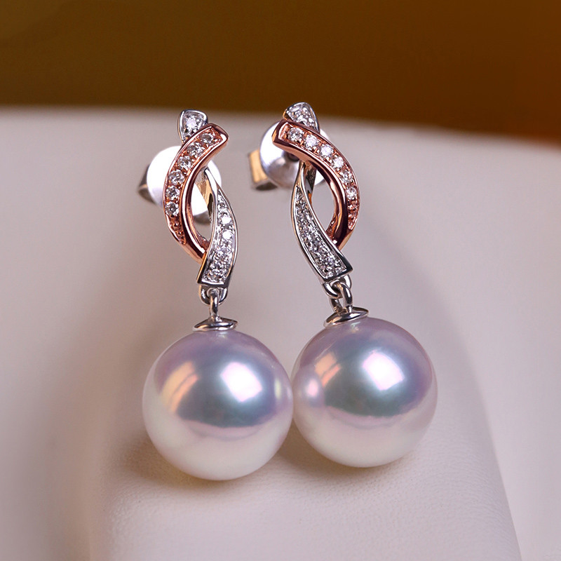 [ヘイズジュエリー] 8.5-8.9mm アコヤ天然海水真珠イヤリング 18Kローズゴールド/ホワイトゴールドにダイヤモンドをち
