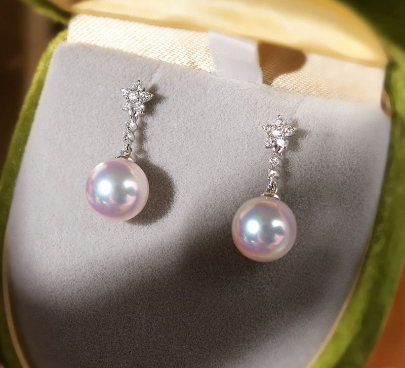 [ヘイズジュエリー] 18Kゴールドオーロラ8.5-8.9mmアコヤ天然海水ラウンドパールサクライヤリングイヤリングロマンチック