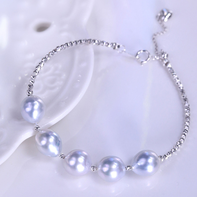 [ヘイズジュエリー] 18Kゴールド ブルーブラッド バロックカーパールブレスレット オーロラシルバー ブルーライト 8-9mm