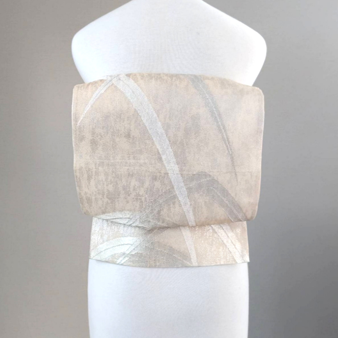 長尺 夏帯 紗・二重太鼓 流線の芝草 作り帯付け帯 胴巻き〜120cm