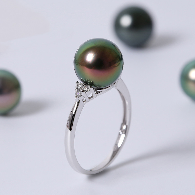 [ヘイズジュエリー] 18Kゴールドダイヤモンドリング フランス製 9-9mm タヒチ産ブラックパール オーロラピーコックグリー