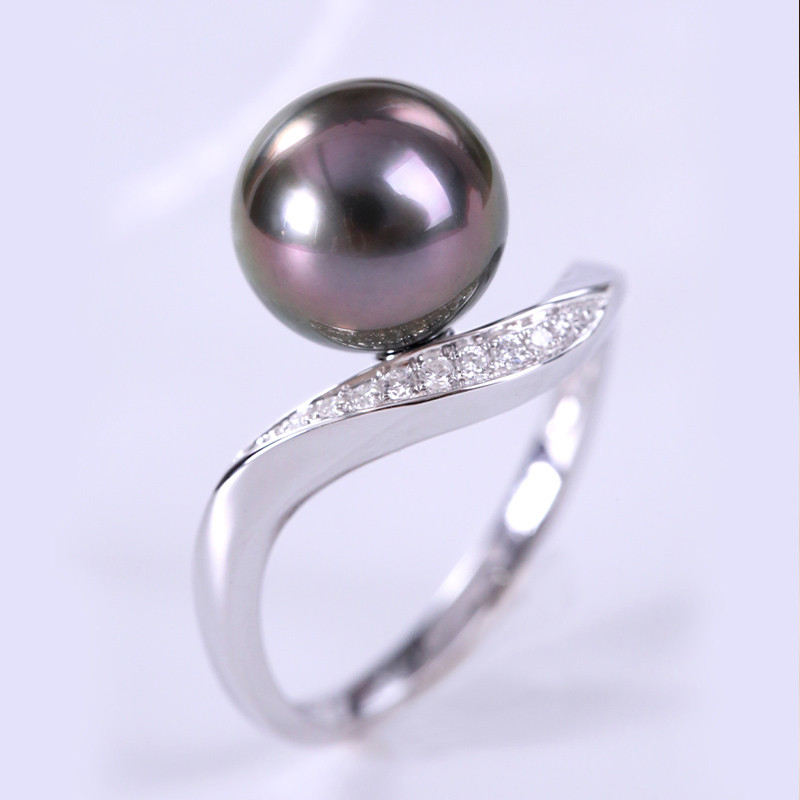 [ヘイズジュエリー] 18Kゴールドオーロラ9mmタヒチアンブラックパールウェーブリング天然海真珠ダイヤモンド装飾エレガントで万