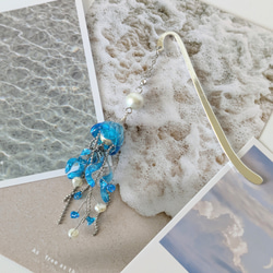 青色クラゲのしおり　ブックマーク　海　クラゲ　栞　読書　本　手帳　スケジュール帳　ディップアート　レジン　贈り物　 7枚目の画像