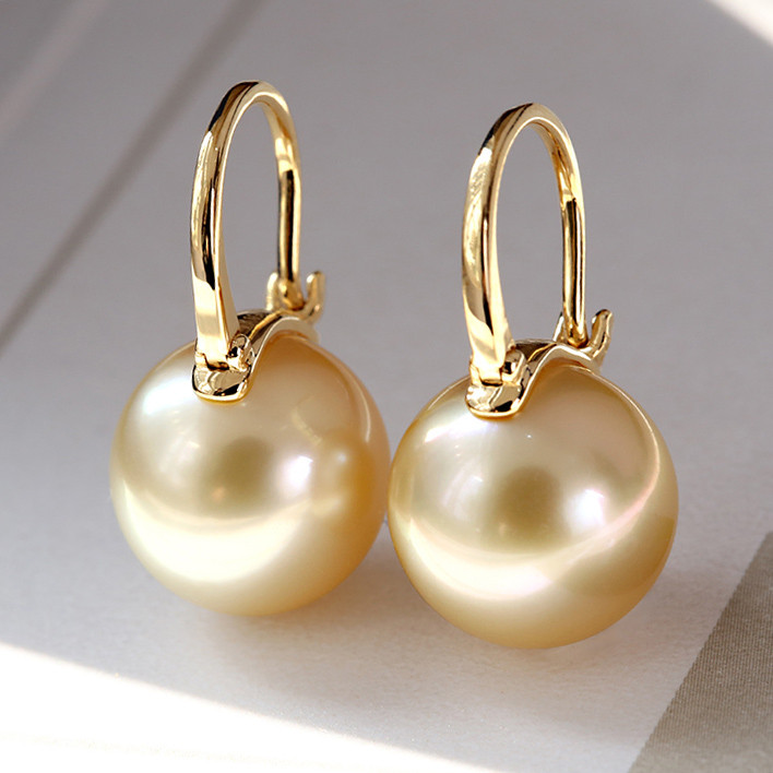 [ヘイズジュエリー] 10-13.9mm南洋ゴールドパールイヤリング、優しいライトゴールドラウンド完璧な天然海水パールイヤリング