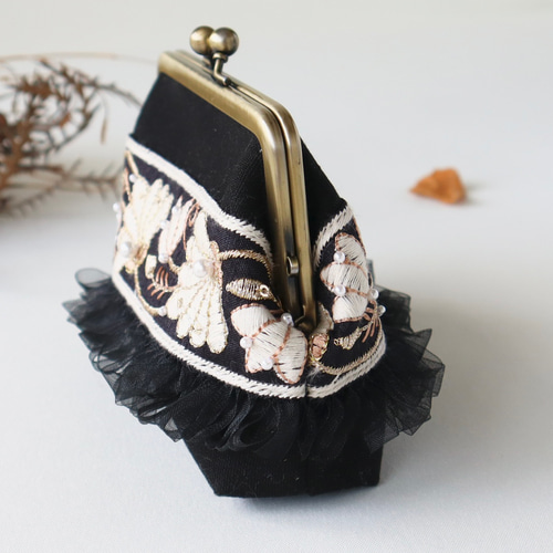 creema限定】ビーズ刺繍のコンパクトな親子がま口財布 カードポケット