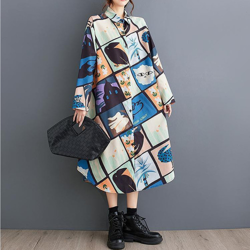 【大きいサイズ】 レディース ワンピース　春夏 秋 新品 長袖 大きいサイズ レディース ワンピース ロング シャツ 春夏 秋