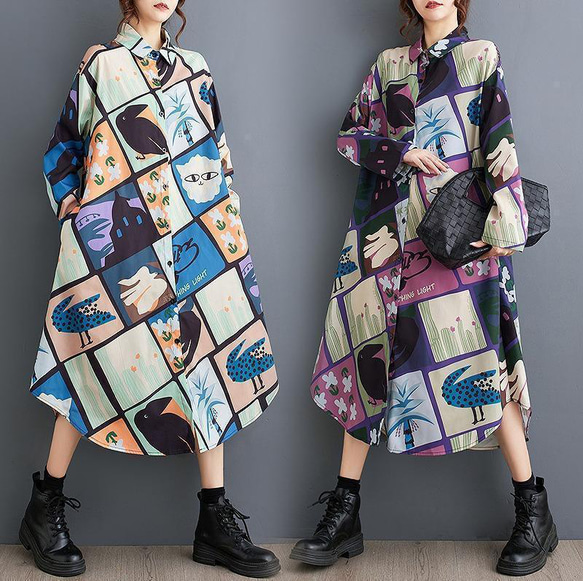 【大きいサイズ】 レディース ワンピース　春夏 秋 新品 長袖 大きいサイズ レディース ワンピース ロング シャツ 春夏 秋