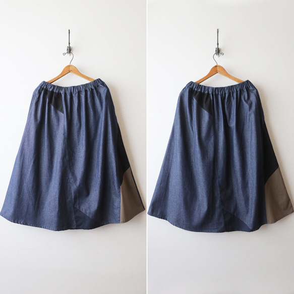 ⁑（送料無料）愉快なスカートまつり　８０cm丈　パッチワーク　ギャザー スカート　甘織デニム インディゴY66 10枚目の画像