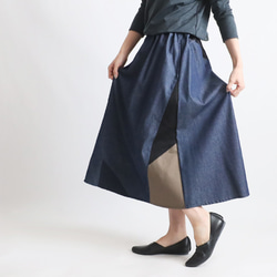 ⁑（送料無料）愉快なスカートまつり　８０cm丈　パッチワーク　ギャザー スカート　甘織デニム インディゴY66 4枚目の画像