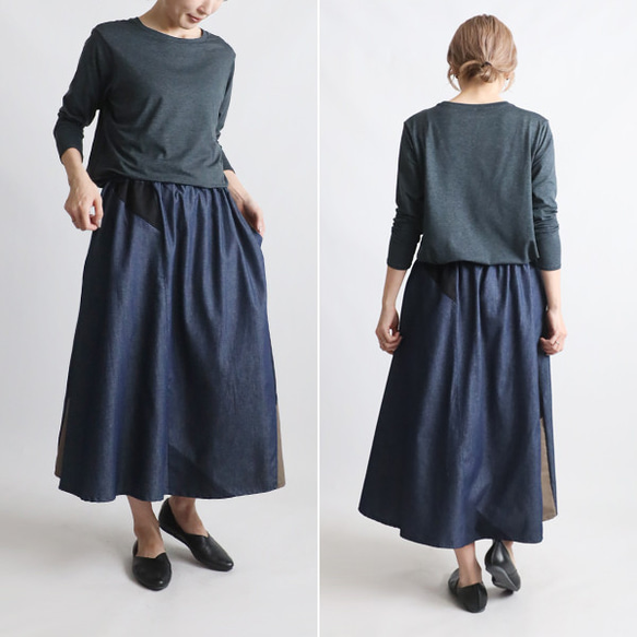 ⁑（送料無料）愉快なスカートまつり　８０cm丈　パッチワーク　ギャザー スカート　甘織デニム インディゴY66 6枚目の画像