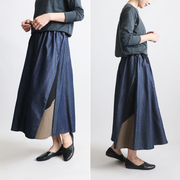 ⁑（送料無料）愉快なスカートまつり　８０cm丈　パッチワーク　ギャザー スカート　甘織デニム インディゴY66 3枚目の画像