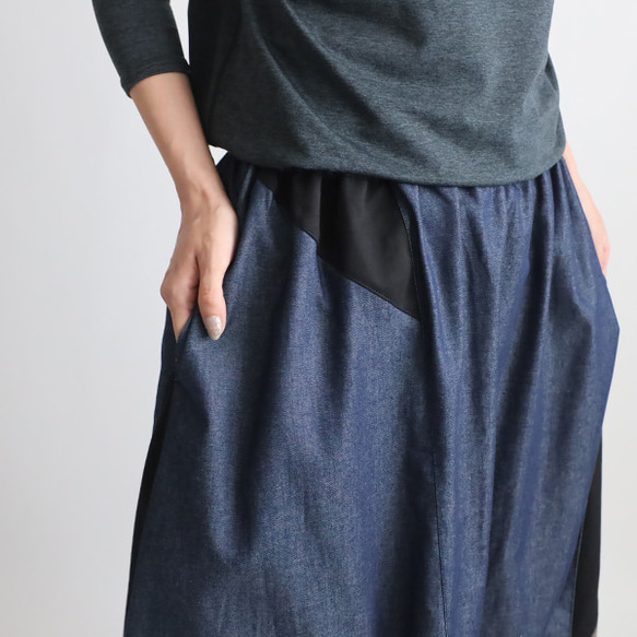 ⁑（送料無料）愉快なスカートまつり　８０cm丈　パッチワーク　ギャザー スカート　甘織デニム インディゴY66 2枚目の画像