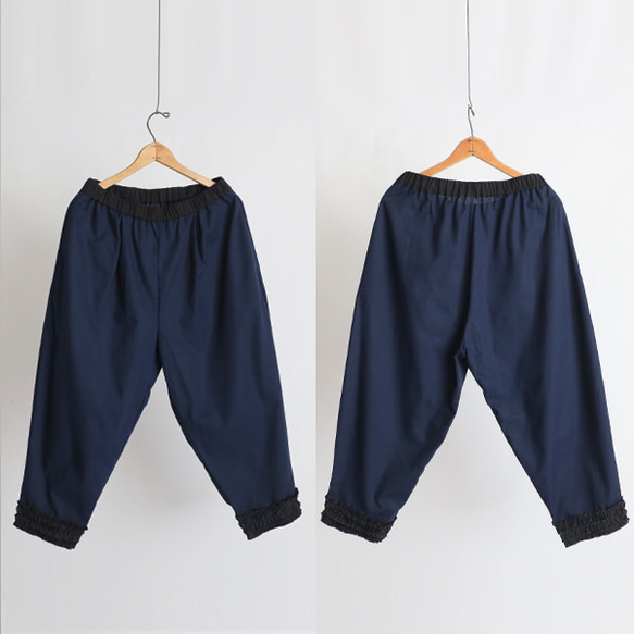 ⁂ラスト1　愉快なパンツ祭り　８５cm　ギマ擬麻コットン　パッチワーク　小花フリル裾　テーパード　Y70C 9枚目の画像