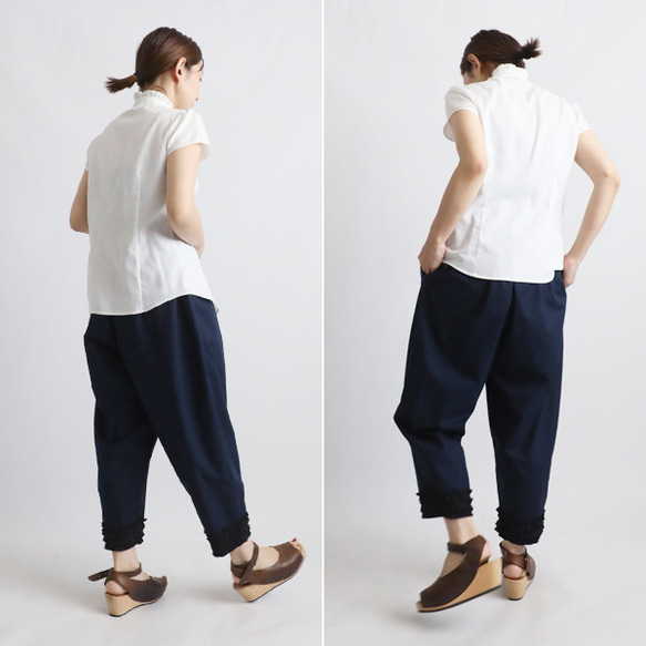 ⁂ラスト1　愉快なパンツ祭り　８５cm　ギマ擬麻コットン　パッチワーク　小花フリル裾　テーパード　Y70C 5枚目の画像