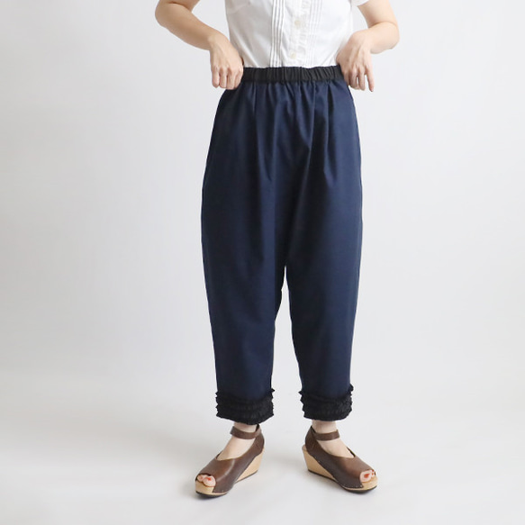 ⁂ラスト1　愉快なパンツ祭り　８５cm　ギマ擬麻コットン　パッチワーク　小花フリル裾　テーパード　Y70C 4枚目の画像