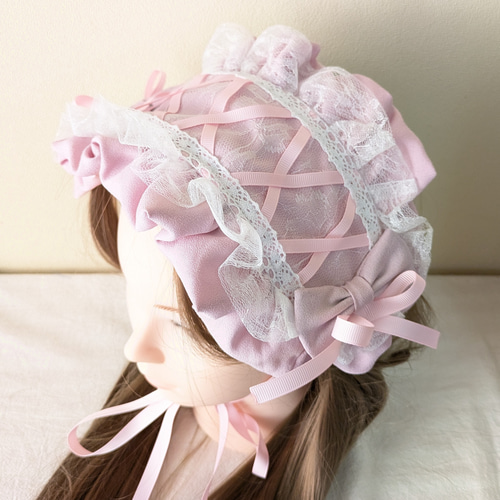 ダブルフリル×ダブルリボンのヘッドドレス ピンク ヘッドドレス