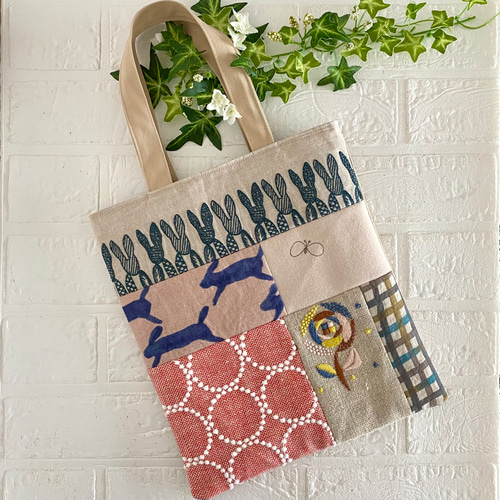 ミナペルホネン パッチワーク バッグ 刺繍 タンバリン うさぎ エコ