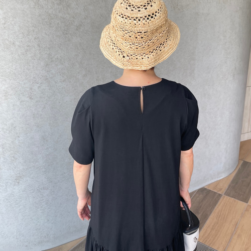 シンプル バイカラー スリム スリット ワンピ 七分袖 ふちどり★ 小柄S□ゆったり着やせ♡大人可愛い♡美人シルエット裾バイ