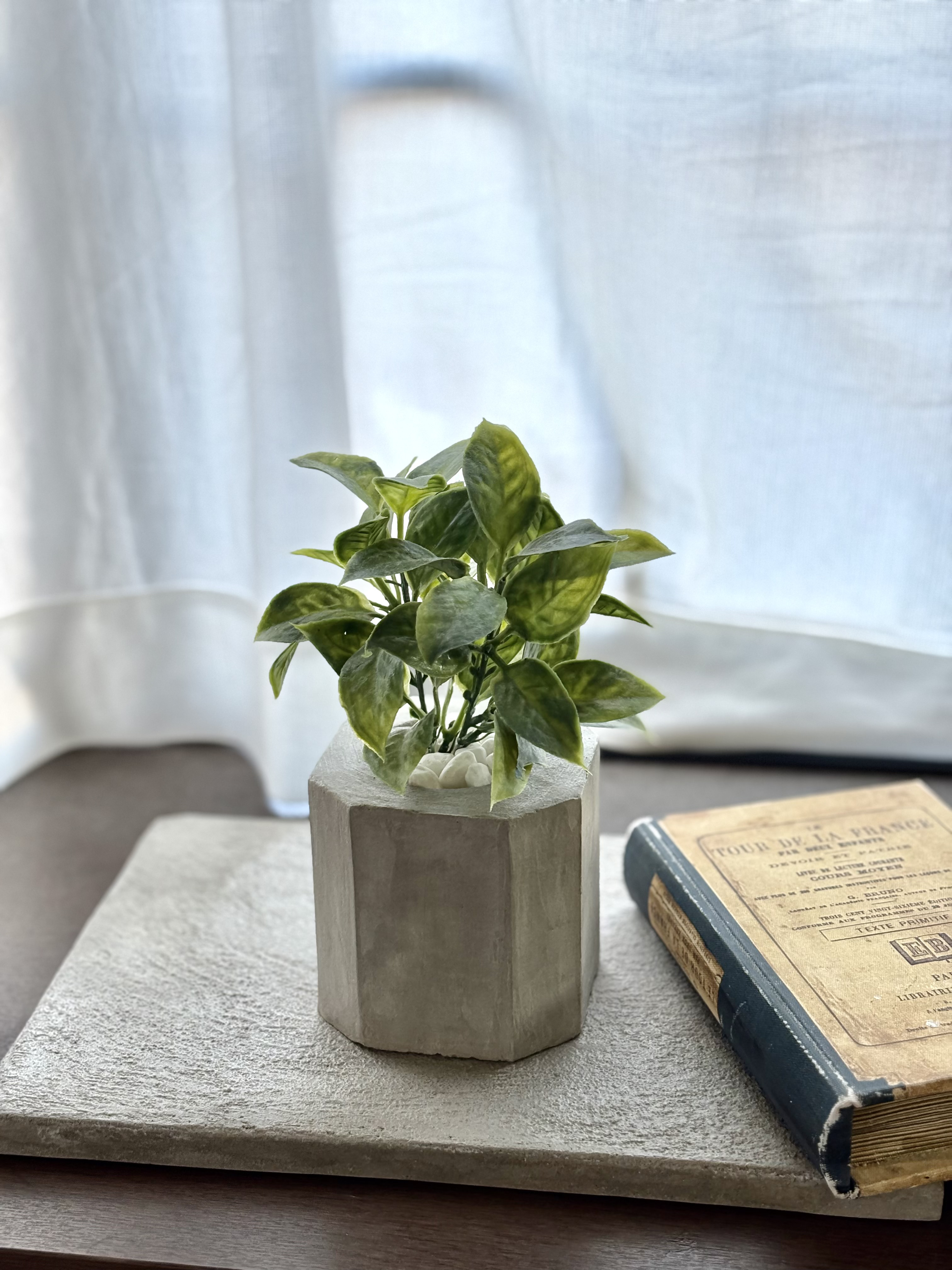 モルタル鉢×フェイクグリーン｜八角形 ポトス風 一輪挿し・花瓶・花器