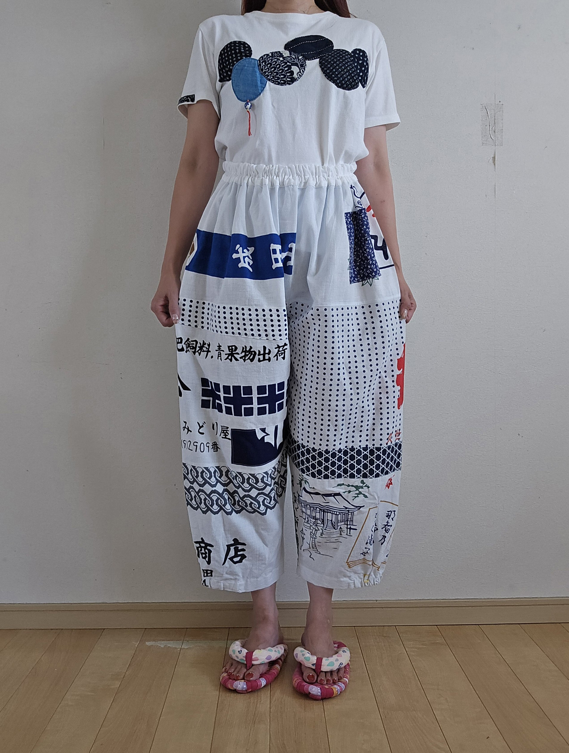 着物リメイク　手作り　白　手ぬぐい　パッチワーク　パンツ